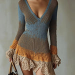 Colour Block V-Neck Ruffle Mini Dress