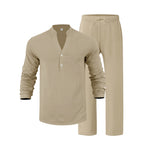V-Neck Shirt And Long Pants Set - khaki