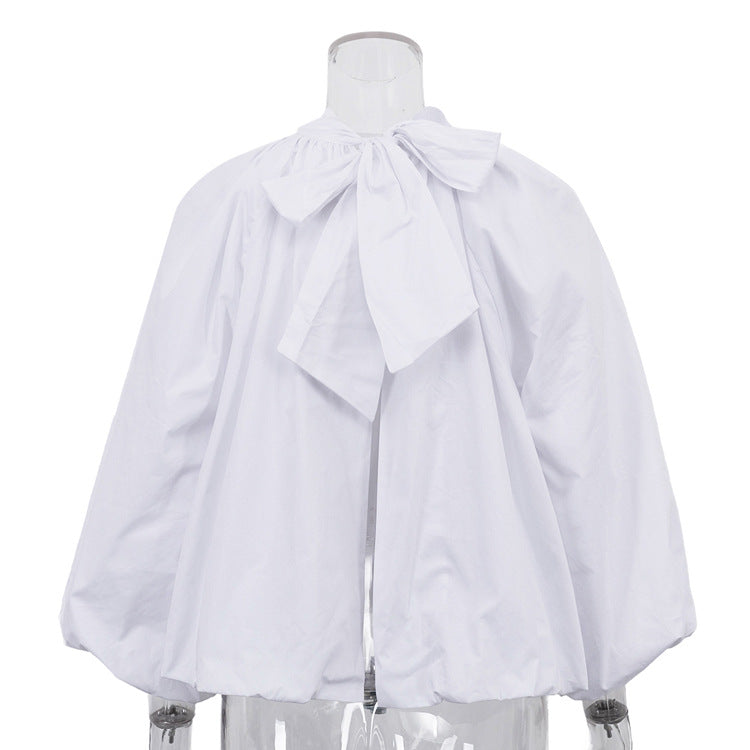 Puff-sleeved Backless Stand-collar Blouse