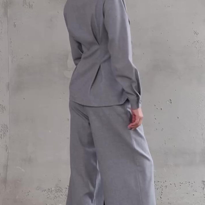 Light Grey V-Neck Asymmetrical Button Top & Wide-Leg Pants Set - grey