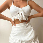 Broderie Anglaise Tie-Front Crop Top, Bikini Bottom & Ruffle Mini Skirt 3-Piece Beach Set - white