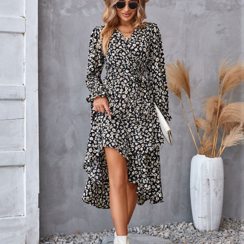 Floral Print Ruffle-Hem Belted Midi Dress - black