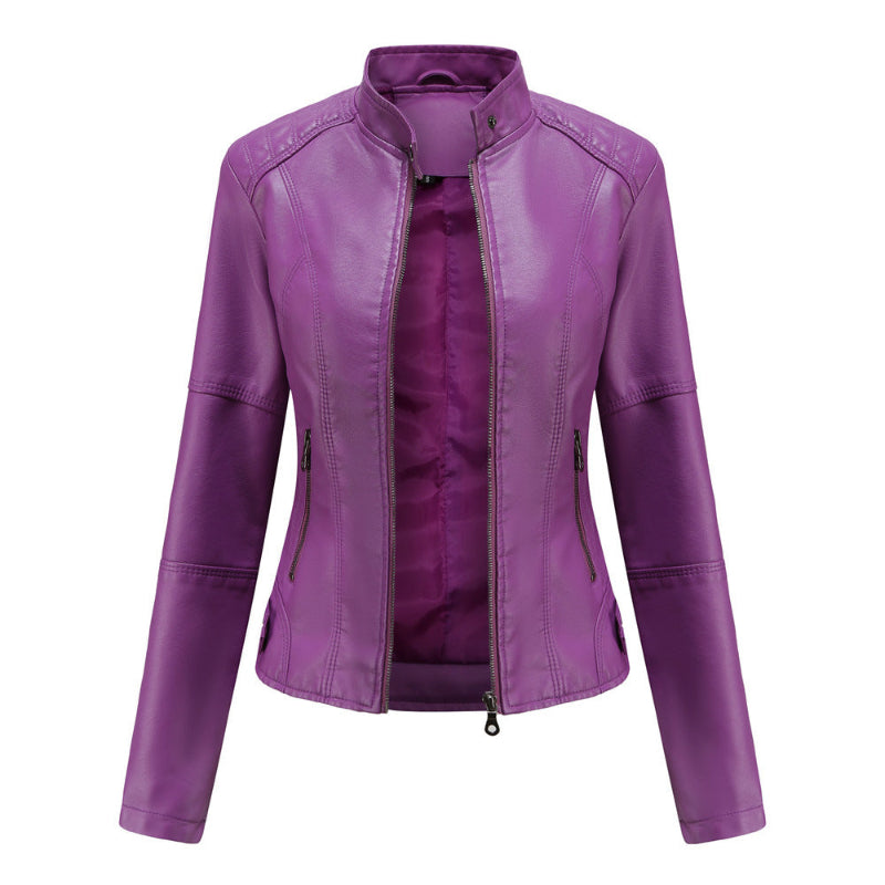 Zip-up Leather Jacket - purple