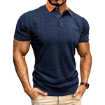 Honeycomb-Texture Contrast Collar Loose-Fit Moisture-Wicking Short-Sleeve Polo Shirt - blue