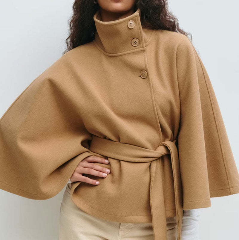 High Neck Batwing Sleeve Coat With Belt - beige
