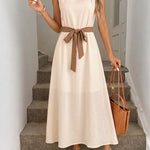 Pearl Neck Sleeveless Self-Tie Belt A-Line Midi Dress