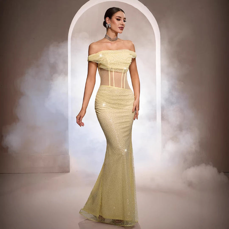 Sleeveless Off-the-shoulder Sequined Mermaid Evening Maxi Dress