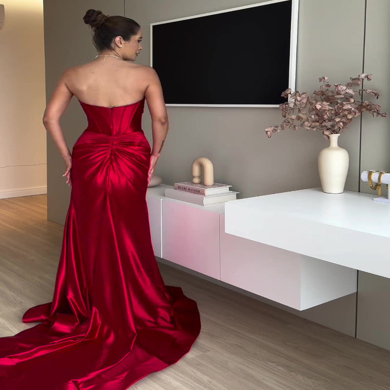 Tube Top Slit Red Extra Long Evening Maxi