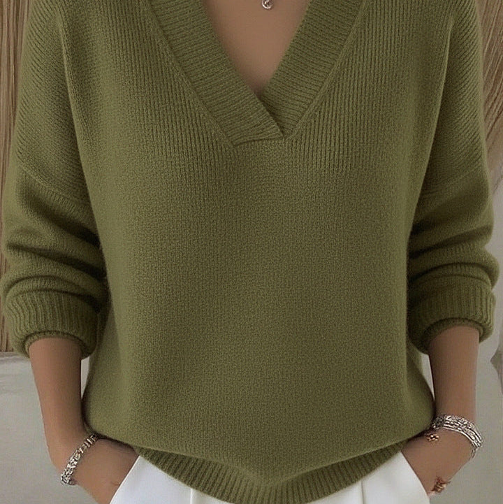 Elegant Soft V-neck Knit – Chic Long Sleeve Style army green