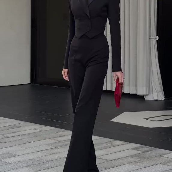 Black Backless Beaded Cropped Blazer & High Waist Pants Set