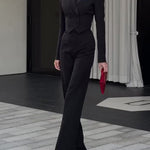 Black Backless Beaded Cropped Blazer & High Waist Pants Set