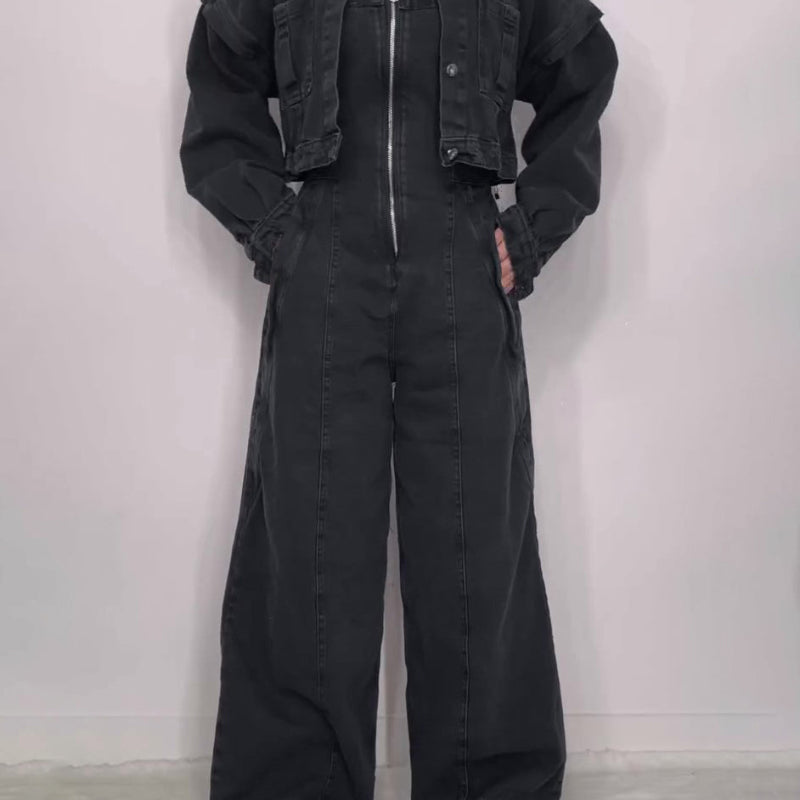 Denim Bandeau Zipper Jumpsuit & Jacket Set - black