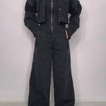 Denim Bandeau Zipper Jumpsuit & Jacket Set - black