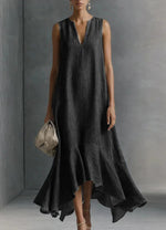 Sleeveless V-Neck Asymmetric Hem Maxi Dress - black