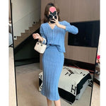 Chic French-Style Knit Sweater Dress With A Herringbone Pattern Two-Piece Set - blue