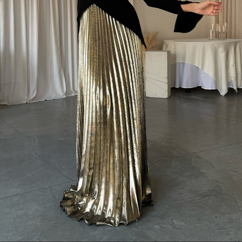 Black Bell Sleeve Irregular Hem Top & Pleated Maxi Skirt Set