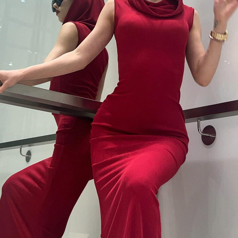 Chic Red Hooded Sleeveless Maxi Dress