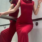 Chic Red Hooded Sleeveless Maxi Dress