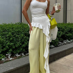White Fitted Scoop-Neck Spaghetti-Strap Asymmetric Cascade-Ruffle Hem Top