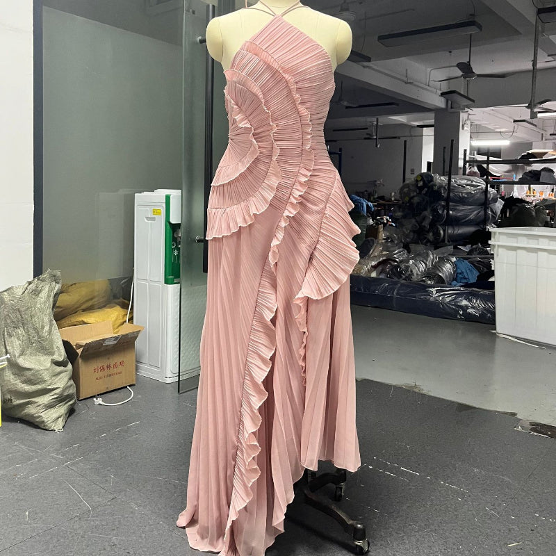 Ruffled Pleated Halterneck Midi Dress - Pink 