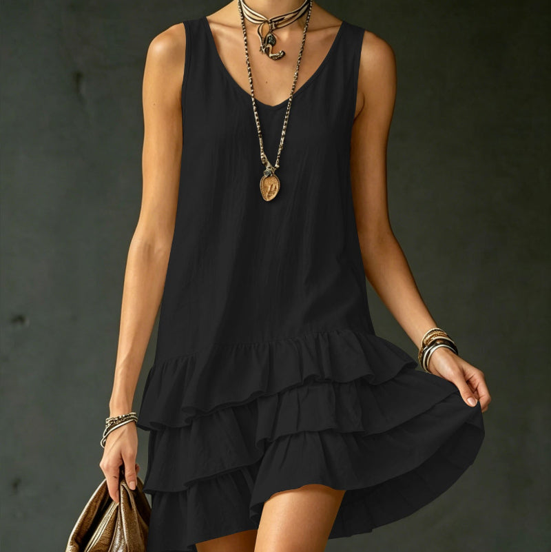 Sleeveless V-Neck Layered Ruffle Mini Dress - black