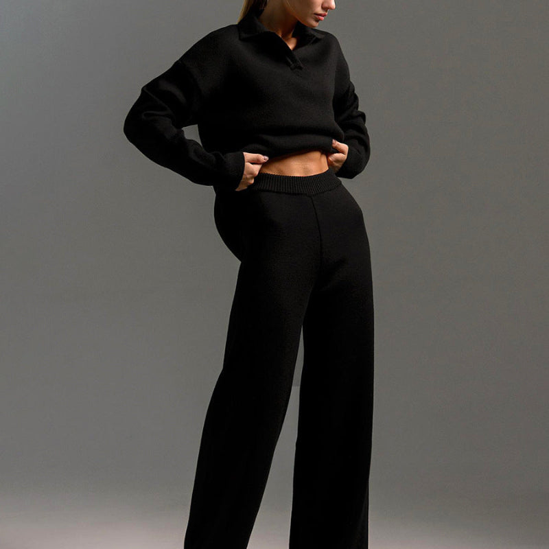 Cozy Chic Knit Pullover & Straight-Leg Pant Set - black