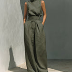 Stand-up Collar Pullover Top And Loose Straight-leg Trousers