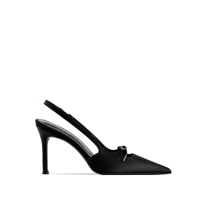 Hollow-out Bow French Satin Stiletto Heels - black