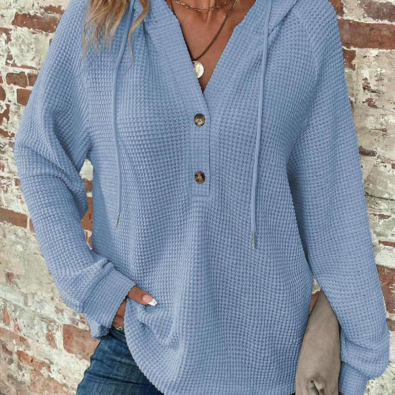 Long-sleeved Drawstring V-neck Hooded Sweater - light blue