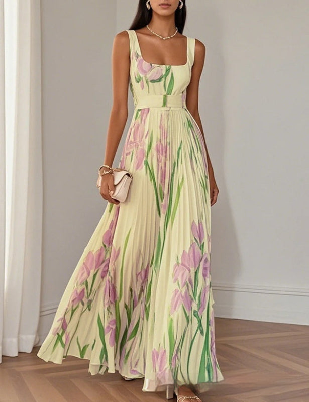 Floral Print Pleated Maxi Dress