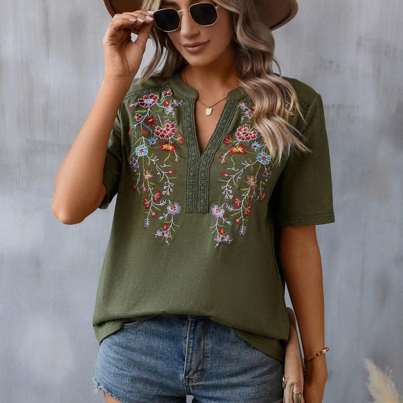 Fashion Flowers Embroidery Short Sleeve T-shirt - green
