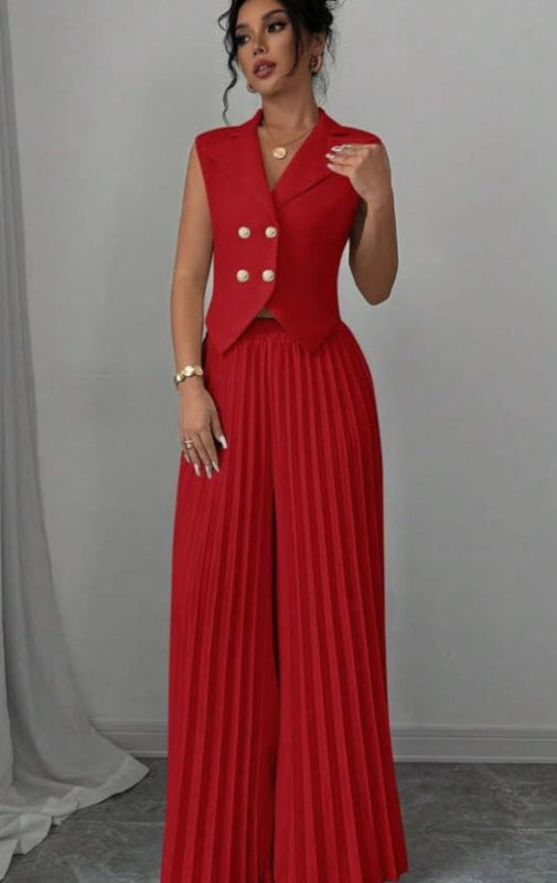 Vest Top And Pleated Straight Pants Set - red