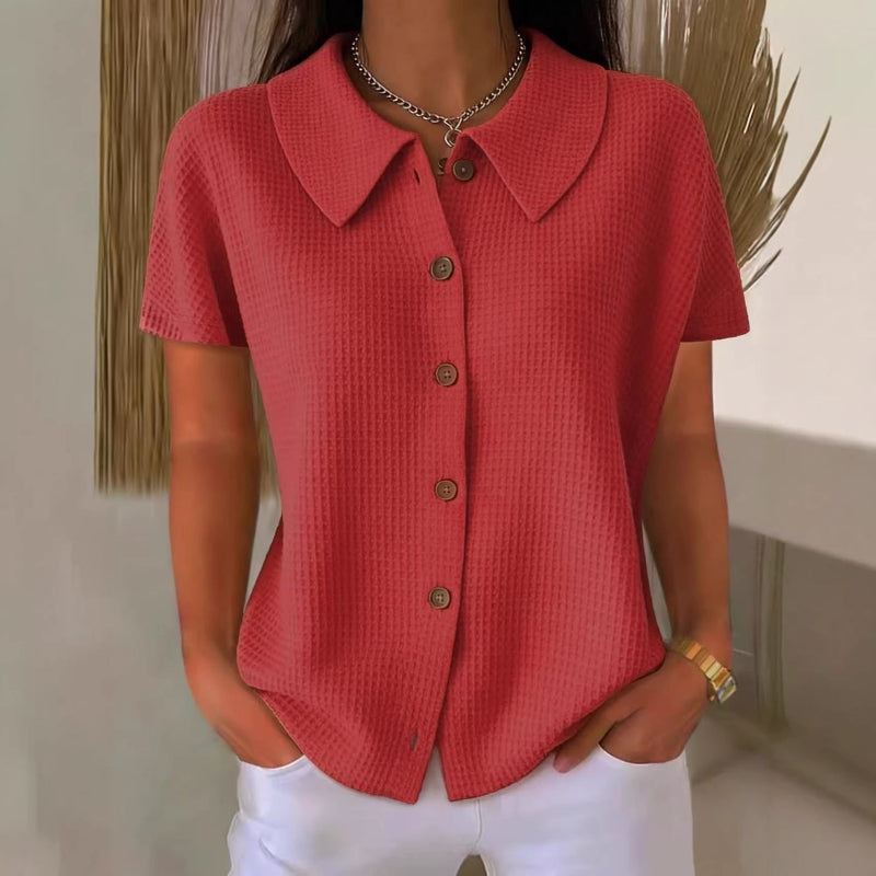 Turn-Down Casual Loose Fit Short Sleeve Shirt - red