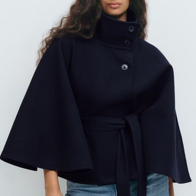 High Neck Batwing Sleeve Coat With Belt - black