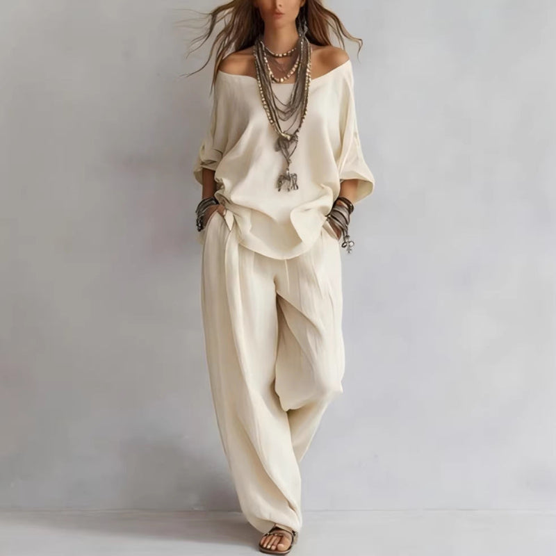 Three-quarter Sleeves Top And Loose Pockets Wide-Leg Pants Set - white