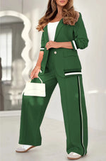 2 Pcs Set Long Sleeves Jacket Wide Leg High Waist Trousers Outfit -green