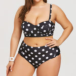 Black & White Polka Dot Retro Underwire Push-Up Bandeau Top & High-Waist Full-Coverage Bikini Set — Plus Size