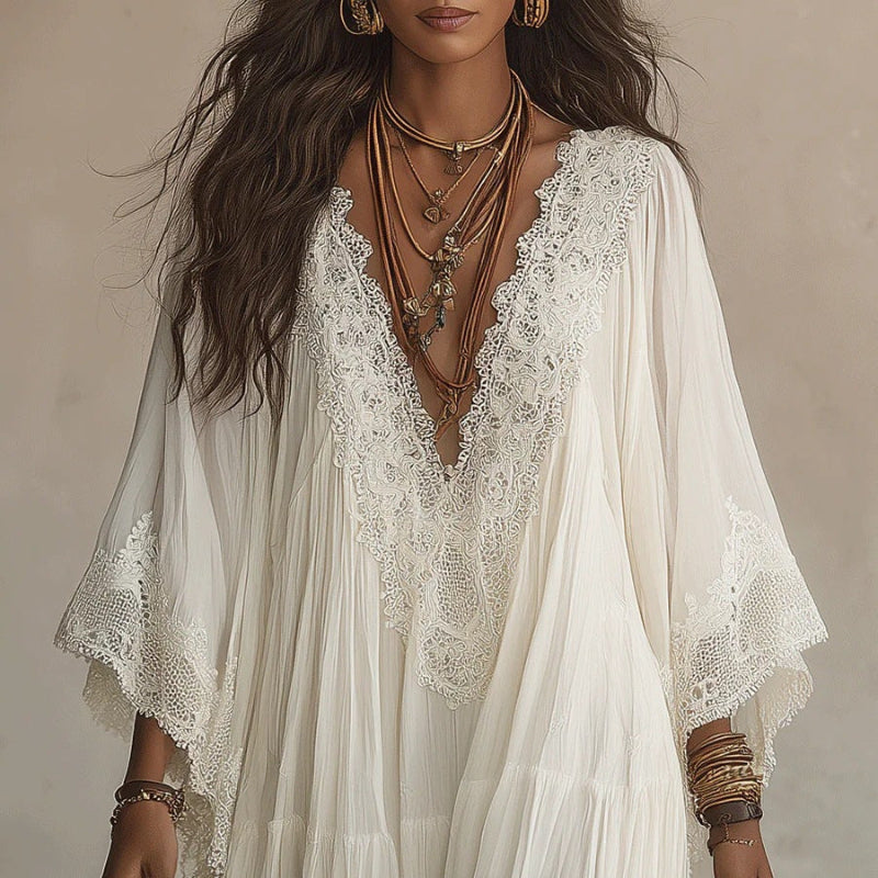 Lace-Trim V-Neck Flared-Sleeve Boho Maxi Dress - white
