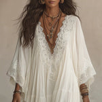 Lace-Trim V-Neck Flared-Sleeve Boho Maxi Dress - white