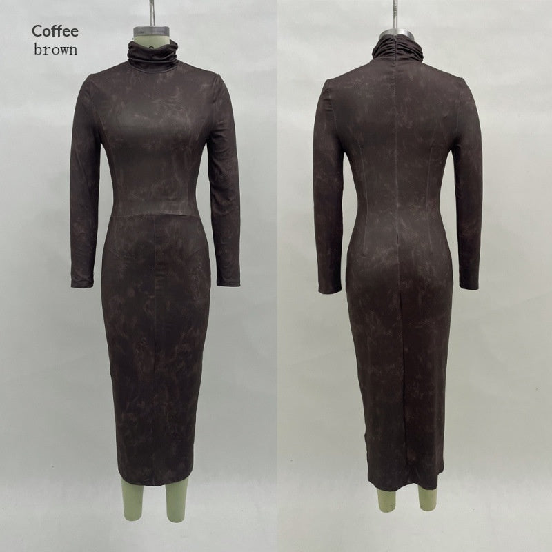 High Neck Long Sleeve Midi Dress - coffee