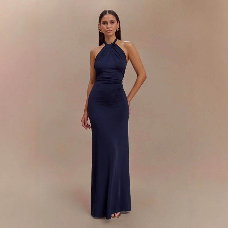 Bodycon Halter Backless Maxi Dresses - navy blue