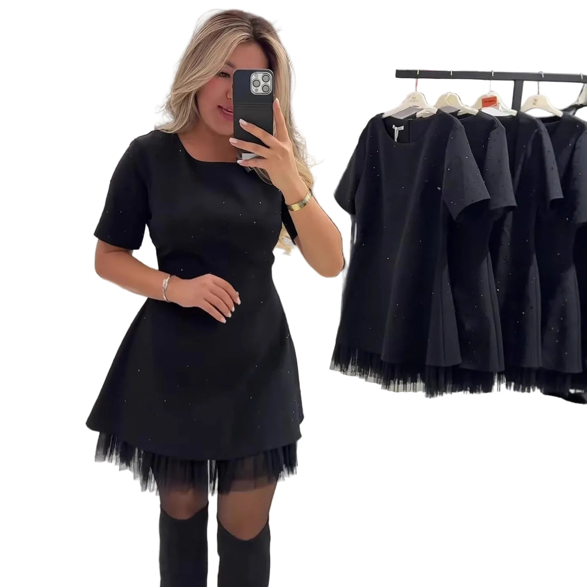 Embellished Short Sleeve Mesh-Hem Mini Dress - back