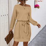One-Shoulder Draped-Neck Blouson-Sleeve Self-Tie Belt Ribbed-Hem Mini Dress — Khaki