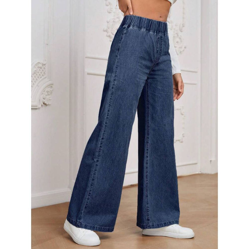 Elastic-Waist Wide-Leg Jeans - dark blue