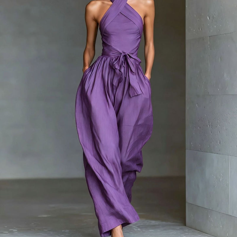 Linen Cross-Strap Wide-Leg Jumpsuit - purple