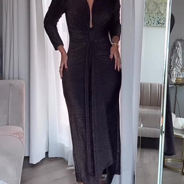 Deep V Long Sleeve Bodycon Maxi Dress