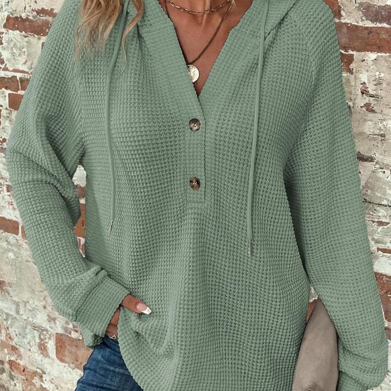 Long-sleeved Drawstring V-neck Hooded Sweater - green