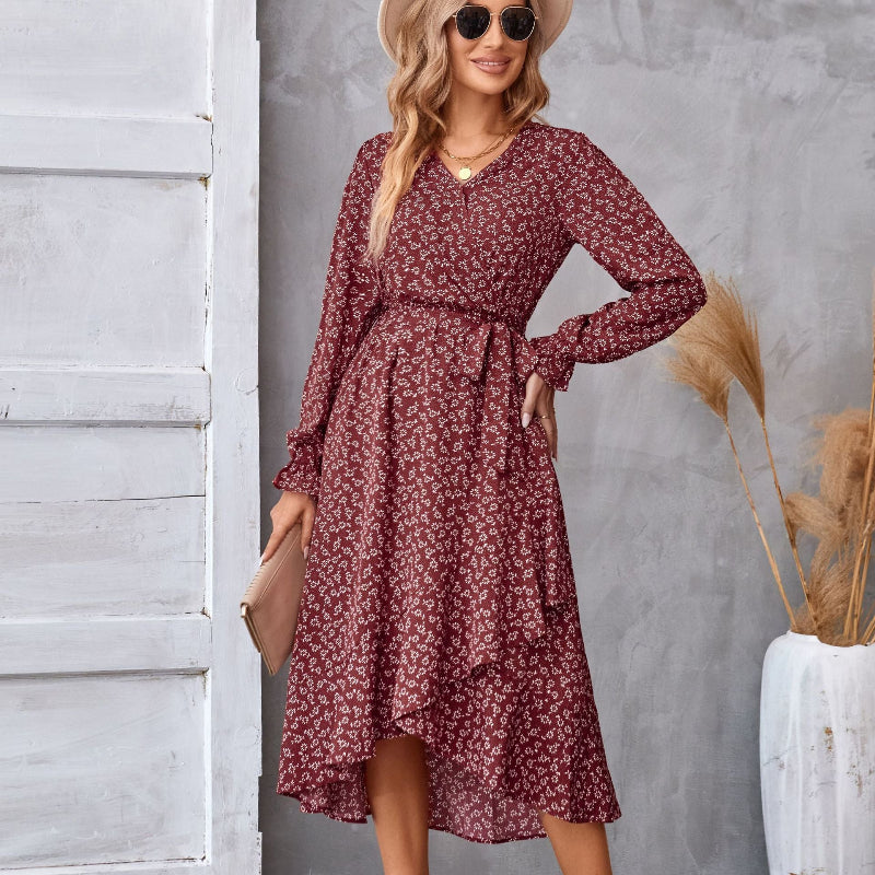 Floral Print Ruffle-Hem Belted Midi Dress - red