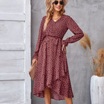 Floral Print Ruffle-Hem Belted Midi Dress - red