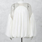 Detachable Choker Cold-Shoulder Balloon-Sleeve Bubble-Hem Mini Dress - white